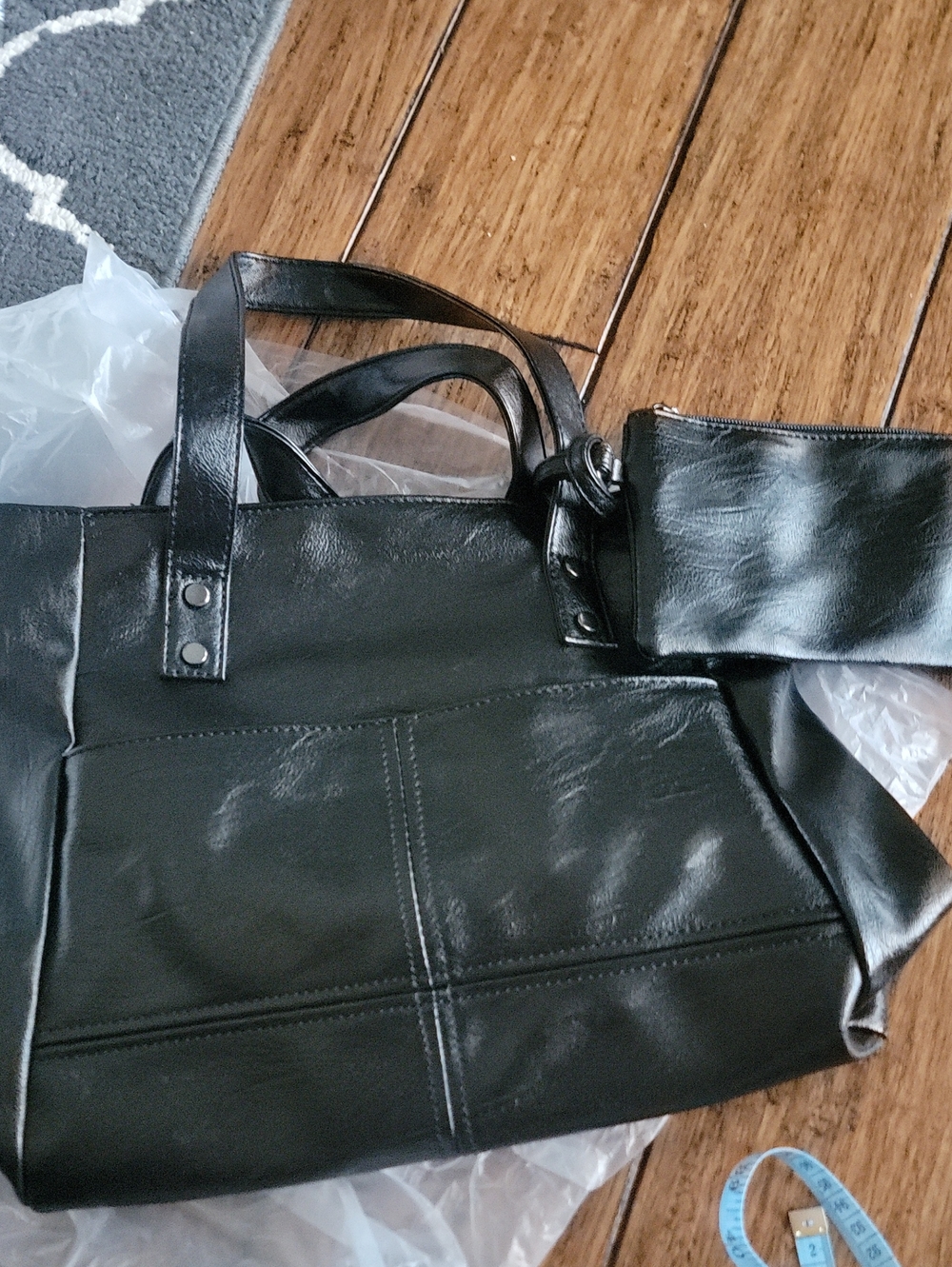 Nwot Black Leather Tote Bag with Matching Pouch And Extra Cross Body Strap